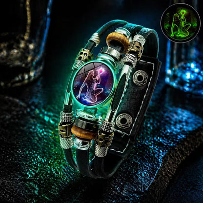 💥Last Day – 50% OFF☪️Glow-in-the-dark Leather Zodiac Sign Bracelet For Men and Women (6.9/8.1 inches)♑️