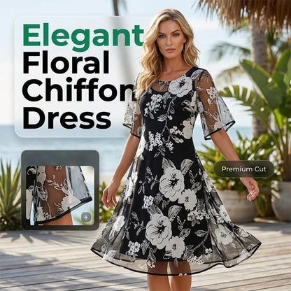 🌸 50% OFF NOW! ✨ Women's Floral A-Line Party Dress – Double-Layer Chiffon, Elegant Print & Knee-Length Fit 👗