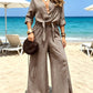 🏆SUMMER HOT SALE 60% OFF🔥Women's Two-Piece Vacation Style Fit Shirt and Pants Set, Knot Top with Button Decoration, Wide Leg Pants, Casual for Women, Womenswear