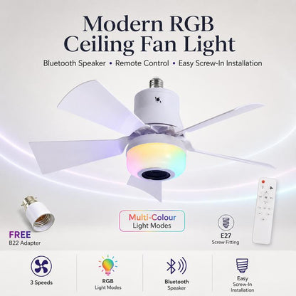 🏆LAST DAY SALE ONLY￡19.99 🎁Smart E27 Ceiling Fan Light with Hi-Fi Bluetooth Speaker & Mood Lighting  Cool Breezes • Crystal-Clear Sound • 16 Million Colours💡🌬️🎵