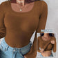 ⏰Last Call 49% OFF⚡70K+ SOLDWomens U-Neck Built-in Bra Long Sleeve Ribbed Top Shirts Elegant Skinny Fit Fabric