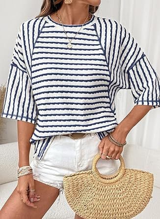 🔥LIMITED TIME SALE 50% OFF⚡50K+ SOLD💕🔥Women's Oversized Striped Color Block Summer T-Shirt