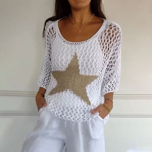 ⏰Last Day Hot Sale!!⌛🔥Women's Fashion Round Neck Crochet Knit Fishnet Top