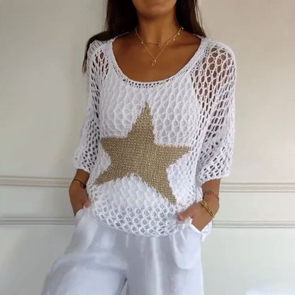 ⏰Last Day Hot Sale!!⌛🔥Women's Fashion Round Neck Crochet Knit Fishnet Top