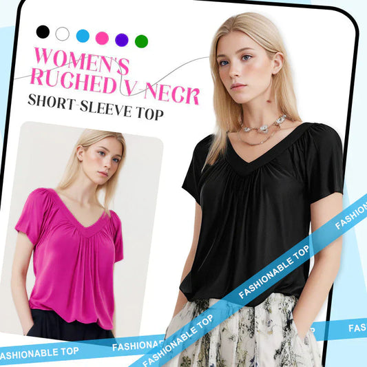 🎁LAST DAY SALE £10.99🔥Summer Hot Sale 50% OFF⏳Women's Casual Pleated V-Neck Short-Sleeve Top