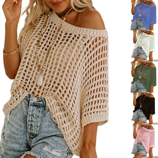✨Last Day Special Price £11.99!!💥⏰Womens Casual Short Sleeve Hollow Out Pullover Knit Tops