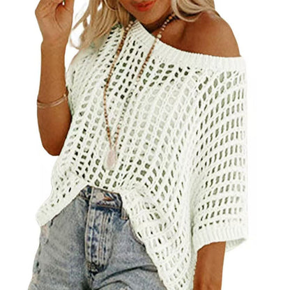 ✨Last Day Special Price £11.99!!💥⏰Womens Casual Short Sleeve Hollow Out Pullover Knit Tops