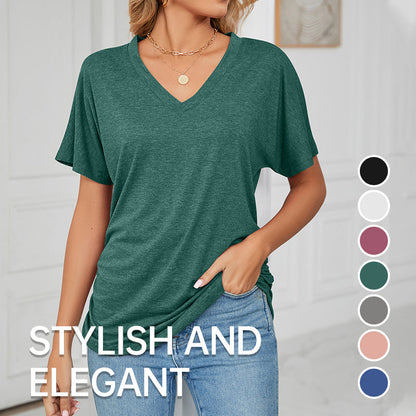 🌸Last Day Promotion：ONLY ￡9.99!!🌸Women's V-Neck Loose Soft Solid Color Short Sleeve Top