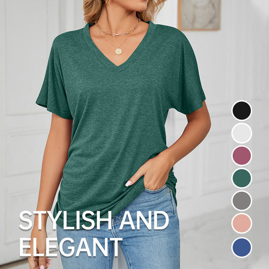 🌸Last Day Promotion：ONLY ￡9.99!!🌸Women's V-Neck Loose Soft Solid Color Short Sleeve Top