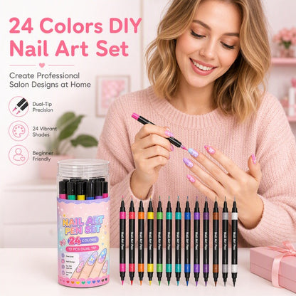 ⏳LIMITED-TIME ￡7.99!!⏰24 Colors Dual Ended Nail Art Pens Set