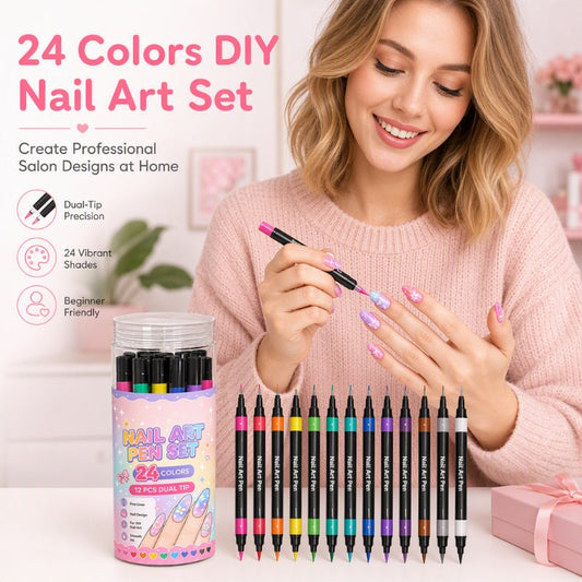 ⏳LIMITED-TIME ￡7.99!!⏰24 Colors Dual Ended Nail Art Pens Set